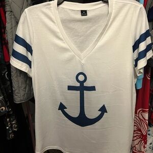 White and Blue Anchor V neck Tee womens Tshirt Blouse Nautical wear